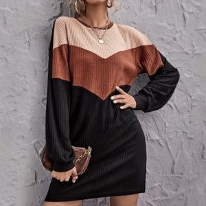 Rust black color block ribbed long sleeve dress